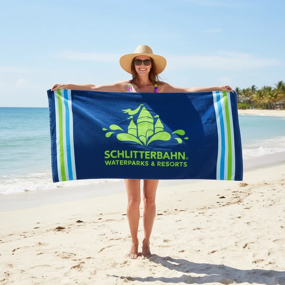 Schlitterbahn Waterparks and Resorts beach towel Velour blue green white striped